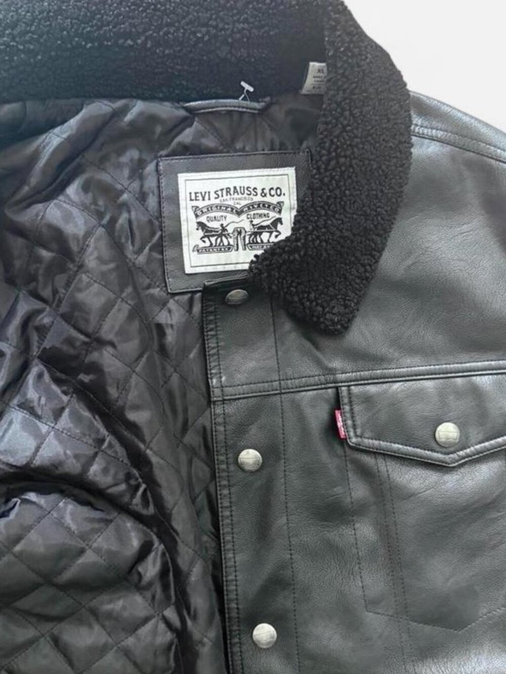 Levi's Black Faux Leather Sherpa-Trim Trucker Jacket - Picture 2 of 9